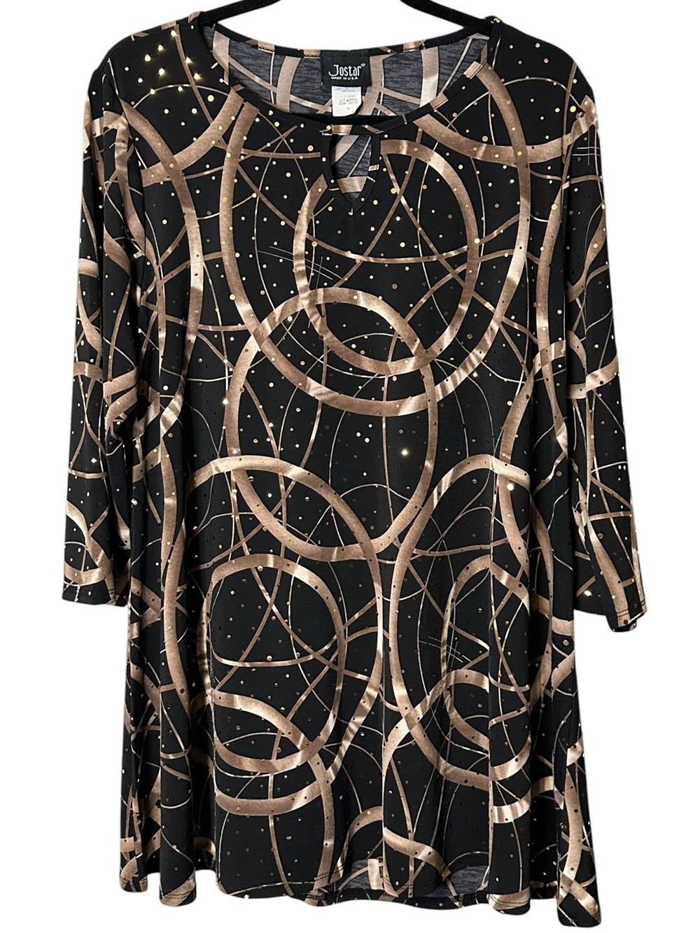 Jostar Abstract Swirl Tunic Top XL Black Gold Stretch Travel Y2K Ethereal Vtg